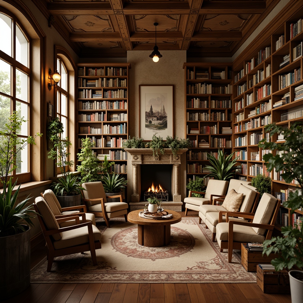 Prompt: Warm bookstore atmosphere, rich wood tones, comfortable reading nooks, soft golden lighting, vintage bookshelves, worn leather armchairs, earthy brown floors, creamy white walls, calming greenery, lush potted plants, classic novels, rustic wooden crates, distressed metal accents, warm beige textiles, subtle patterns, natural stone fireplaces, cozy corners, intimate seating areas, soft warm glow, shallow depth of field, 2/3 composition, realistic textures, ambient occlusion.