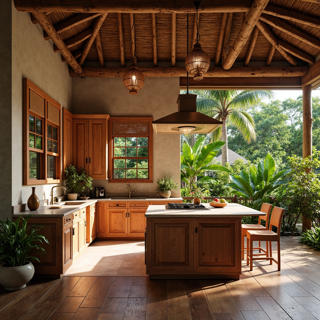 Prompt: Tropical kitchen, warm wooden cabinetry, distressed finishes, woven rattan details, natural stone countertops, exotic hardwood floors, lush greenery, pendant lanterns, wicker barstools, ocean-inspired color palette, bright coral hues, turquoise accents, soft warm lighting, shallow depth of field, 1/1 composition, realistic textures, ambient occlusion.