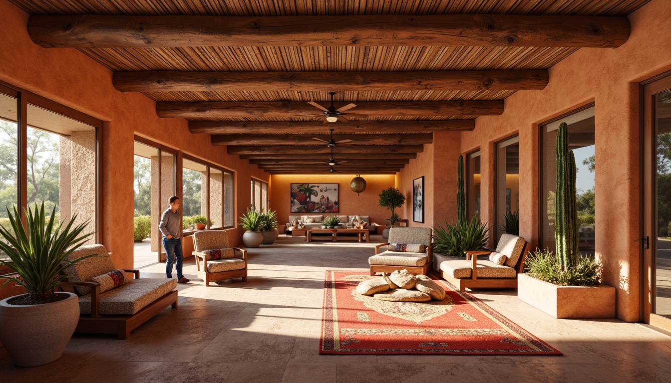 Prompt: Vibrant Southwestern colors, adobe-style architecture, rustic wooden accents, earthy terracotta floors, natural stone walls, spacious open areas, high ceilings, abundant sunlight, warm golden lighting, dramatic shadows, cacti and succulent arrangements, woven textiles, geometric patterns, bold tribal prints, eclectic art pieces, modern minimalist furniture, sleek metal exhibits, interactive displays, dynamic digital projections, panoramic views, realistic textures, ambient occlusion.