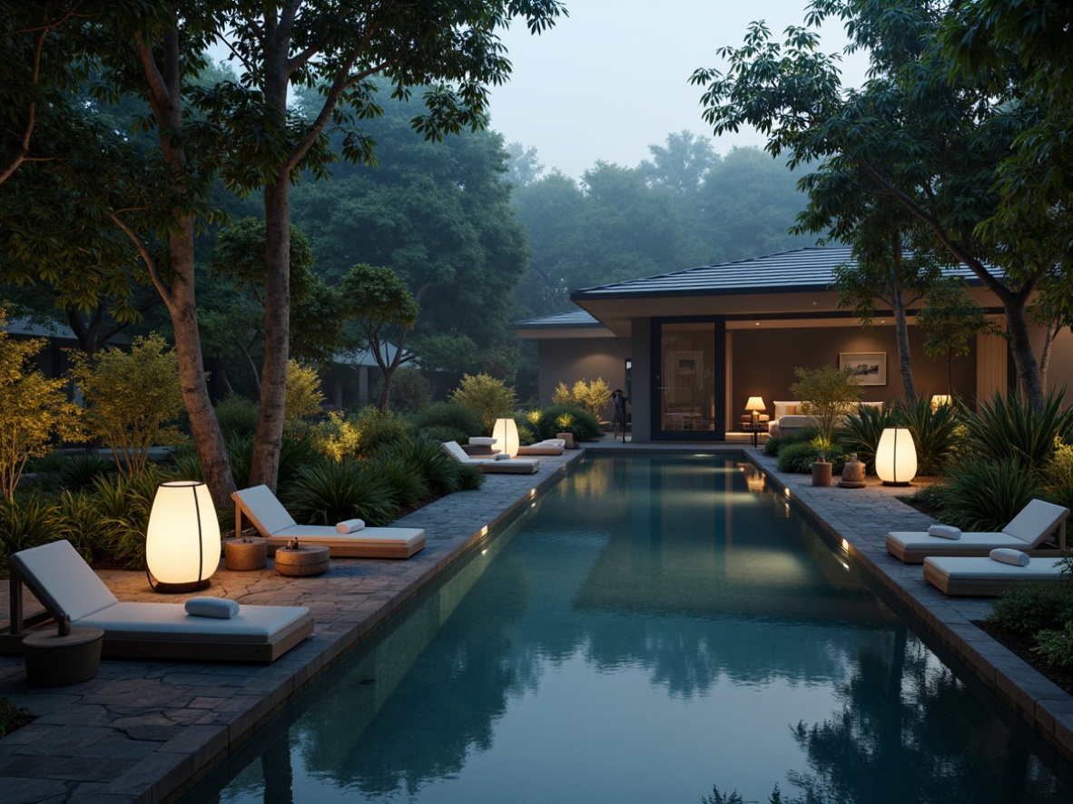 Prompt: Serenely lit Asian-style pool, natural stone surroundings, lush greenery, gentle water features, tranquil ambiance, warm soft lighting, lantern-inspired fixtures, subtle color temperature, misty atmosphere, shallow depth of field, 1/1 composition, realistic reflections, ambient occlusion.