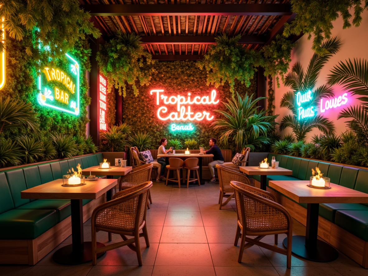 Prompt: Vibrant tropical bar, lush green walls, exotic plants, warm wooden accents, rattan furniture, colorful tiki torches, neon signs, bright coral pink, sunny yellow, turquoise blue, creamy white, natural textures, woven fibers, bamboo details, palm tree motifs, soft ambient lighting, cozy atmosphere, intimate seating areas, eclectic decorative accessories.