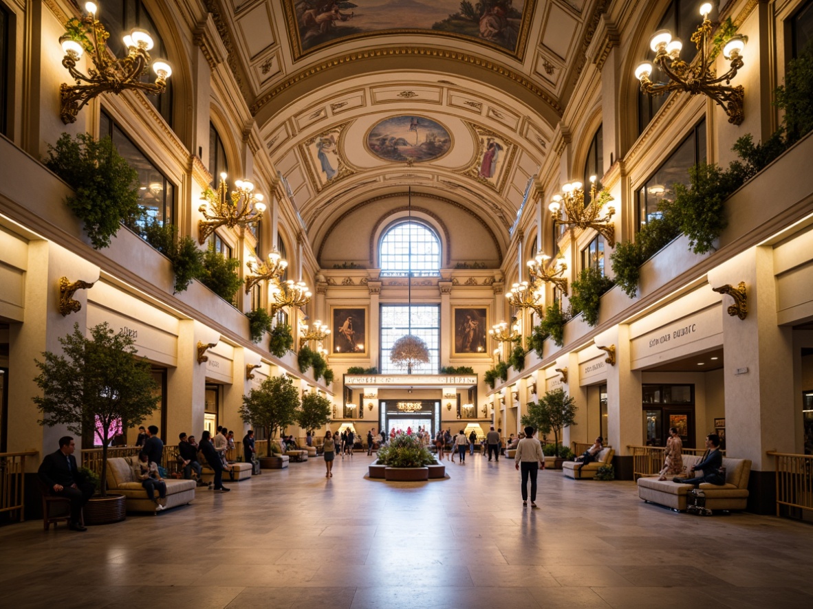 Prompt: Intricate train station, ornate Rococo style, gilded details, sweeping archways, grand chandeliers, marble floors, intricate moldings, delicate frescoes, pastel color palette, soft warm lighting, shallow depth of field, 1/2 composition, realistic textures, ambient occlusion, bustling atmosphere, vintage luggage carts, elegant passenger benches, ornate metalwork, luxurious fabrics, golden accents, opulent decorations, grand staircases, majestic entrance halls.