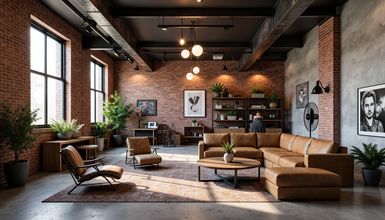 Prompt: Exposed brick walls, metal beams, reclaimed wood flooring, industrial-style lighting fixtures, vintage factory chairs, distressed leather sofas, metal coffee tables, urban loft-inspired decor, concrete accent walls, minimalist color palette, Edison bulb pendant lights, functional metal shelving units, raw concrete floors, eclectic decorative accents, abstract industrial-themed artwork, oversized industrial fans, exposed ductwork, modern industrial-chic textiles.