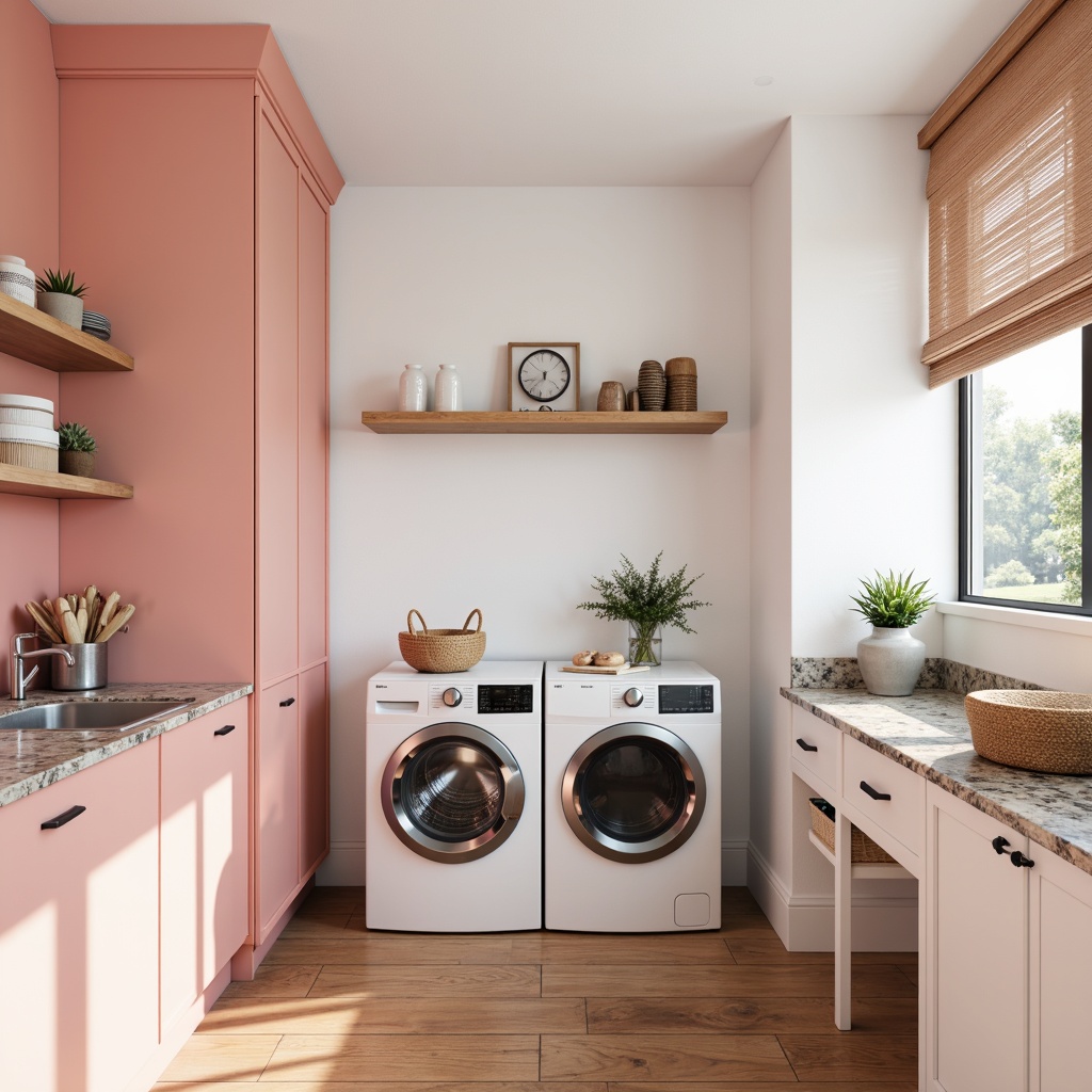 Prompt: Vibrant laundry room, pastel pink accents, soft peach hues, crisp white walls, polished chrome fixtures, sleek modern appliances, minimalist shelving units, natural stone countertops, warm wooden flooring, abundant natural light, airy feel, subtle texture contrasts, 1/2 composition, gentle focus blur, realistic material reflections.