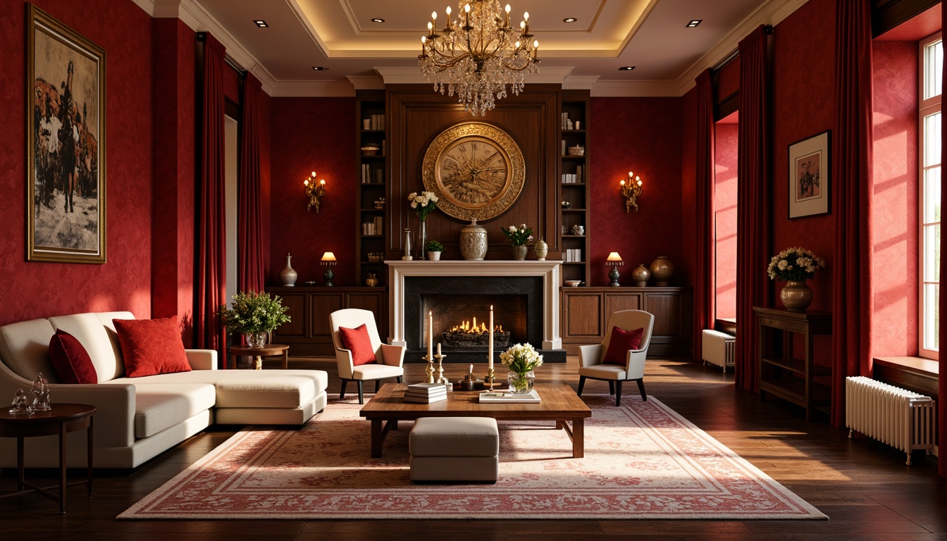 Prompt: Rich red accent walls, warm beige furniture, soft golden lighting, plush velvet textures, ornate wooden decorations, cozy cabinetry, bold geometric patterns, vibrant crimson throw pillows, luxurious marble countertops, sophisticated metallic fixtures, dramatic floor-to-ceiling curtains, elegant crystal chandeliers, intimate atmospheric ambiance, low-key background illumination, 1/2 composition, warm color harmony, realistic material reflections.