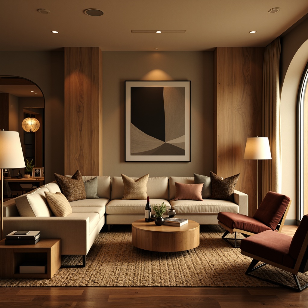 Prompt: Luxurious living room, plush sofas, velvet armchairs, wooden coffee tables, woven rugs, soft cushions, floor lamps, ambient lighting, warm beige walls, modern minimalist decor, sleek metal legs, comfortable seating, intimate conversation areas, cozy reading nooks, natural wood accents, earthy color palette, 1/2 composition, shallow depth of field, realistic textures, warm golden lighting.