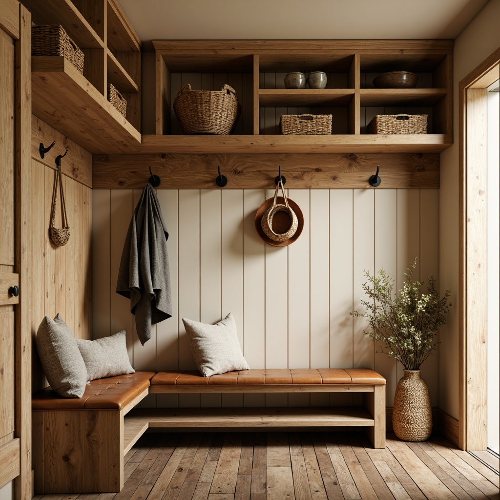 Prompt: Rustic mudroom, earthy tones, warm beige walls, natural wood accents, woven baskets, industrial metal hooks, vintage-inspired decor, distressed wood flooring, earthy brown leather benches, soft warm lighting, cozy atmosphere, 3/4 composition, shallow depth of field, realistic textures.