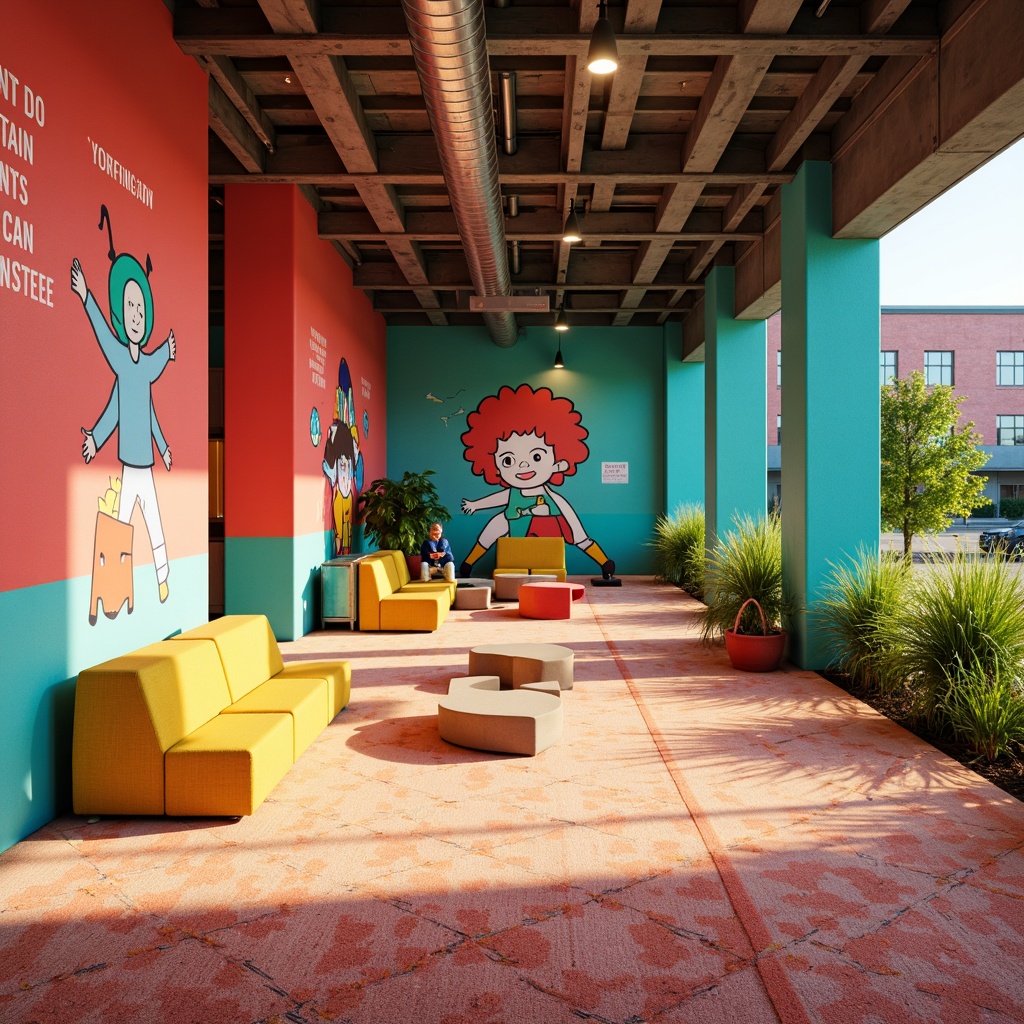 Prompt: Vibrant youth center, playful murals, bright coral walls, bold turquoise accents, energetic yellow furniture, soft peach carpets, natural wood textures, industrial metal beams, modern minimalist decor, cozy reading nooks, inspirational quotes, fun patterned rugs, lively greenery, sunny afternoon light, warm softbox lighting, shallow depth of field, 3/4 composition, inviting outdoor spaces, abstract geometric shapes, youthful graffiti art.