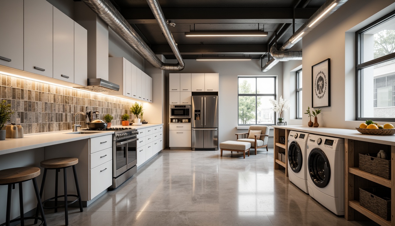 Prompt: Modern laundry room, sleek countertops, stainless steel appliances, white cabinetry, LED lighting, functional work surfaces, built-in shelving, ergonomic seating, minimalist decor, natural stone flooring, industrial-style pipes, urban loft atmosphere, overhead storage racks, chrome fixtures, geometric tile backsplashes, soft warm lighting, shallow depth of field, 1/1 composition, realistic textures, ambient occlusion.