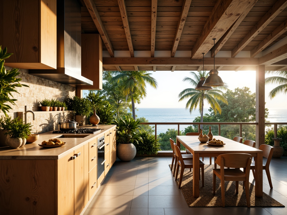 Prompt: Vibrant tropical kitchen, warm beige cabinets, polished chrome fixtures, exotic wood countertops, natural stone backsplash, lush greenery, pendant lamps, soft warm lighting, ambient glow, layered lighting effects, 3/4 composition, shallow depth of field, realistic textures, morning sunlight, bright blue sky, palm trees, ocean views, coastal vibe, relaxed atmosphere.