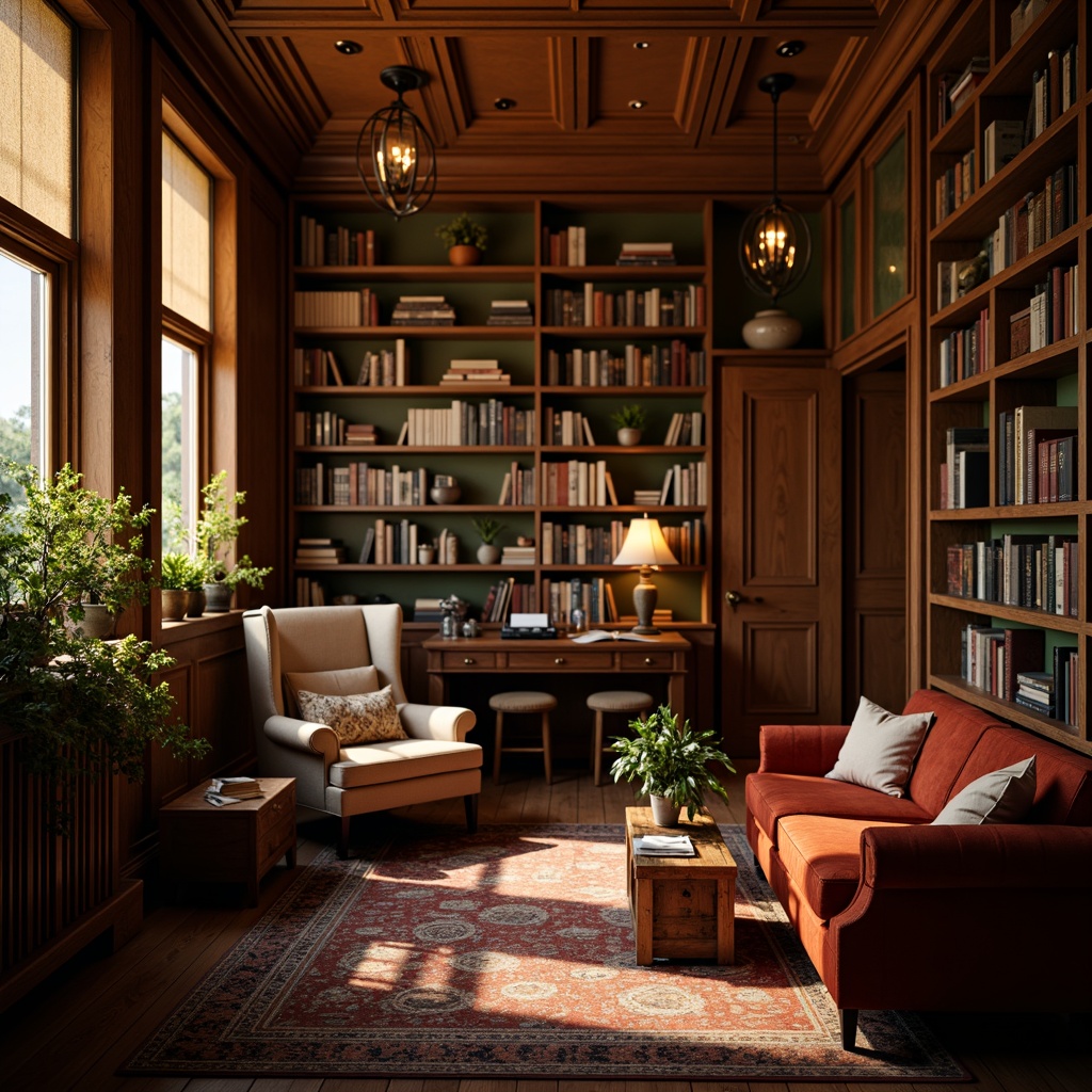 Prompt: Cozy reading nooks, plush armchairs, soft velvet sofas, warm wooden paneling, ornate bookshelves, classic literary masterpieces, vintage typewriters, leather-bound tomes, rich mahogany desks, elegant chandeliers, warm golden lighting, intimate atmosphere, peaceful ambiance, serene background noise, shallow depth of field, 1/1 composition, realistic textures, subtle grain.