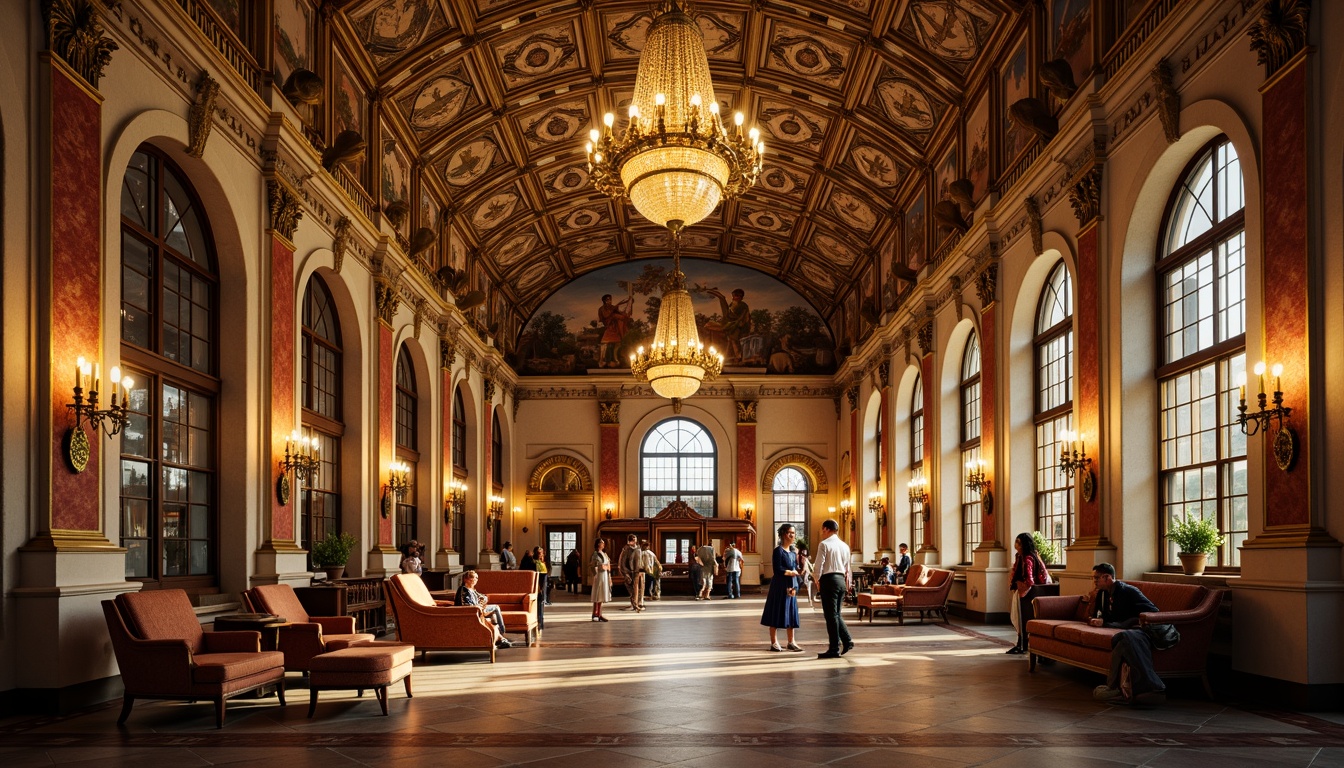 Prompt: Ornate Rococo-style train station, grandiose chandeliers, intricate moldings, Baroque-inspired ceiling patterns, gilded details, luxurious fabrics, soft warm lighting, shallow depth of field, 1/1 composition, realistic textures, ambient occlusion, high ceilings, sweeping arches, ornamental metalwork, lavish frescoes, elegant curves, refined stucco, marble columns, intricate stone carvings, opulent atmosphere, vibrant gold accents.