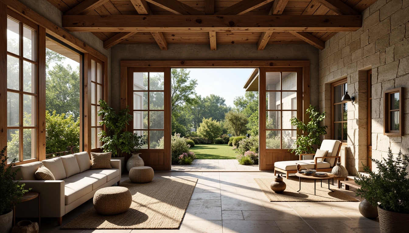 Prompt: Rustic farmhouse sunroom, large windows, sliding glass doors, natural stone walls, wooden beams, vintage decor, lush greenery, blooming flowers, warm sunny day, soft gentle lighting, shallow depth of field, 3/4 composition, panoramic view, realistic textures, ambient occlusion, distressed wood accents, woven textiles, earthy color palette, cozy seating area, pendant lanterns, natural fiber rugs.