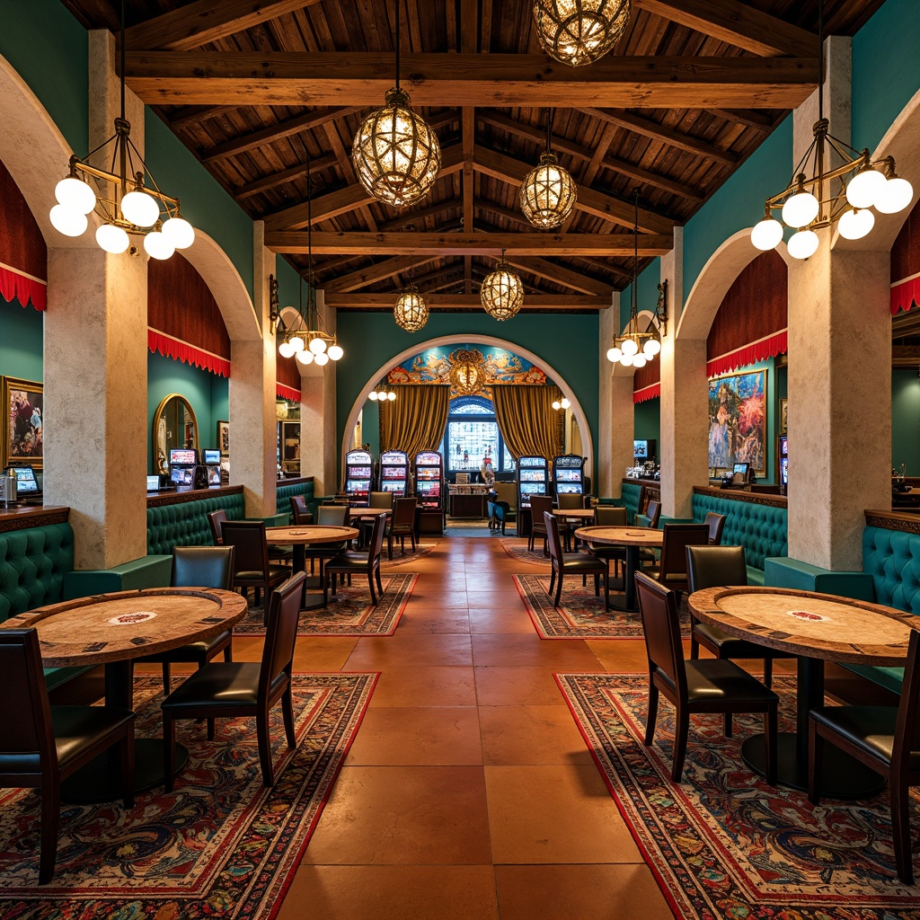 Prompt: Vibrant turquoise accents, rustic wooden beams, warm terracotta flooring, ornate metalwork, intricate patterned rugs, bold geometric shapes, lavish chandeliers, plush velvet furniture, luxurious drapery, majestic stone columns, authentic Native American-inspired artwork, colorful hand-painted murals, lively mariachi music, festive pi\u00f1atas, rustic wooden poker tables, flashy slot machines, glitzy diamond-shaped decorations, soft warm lighting, shallow depth of field, 1/1 composition, cinematic perspective, highly detailed textures.