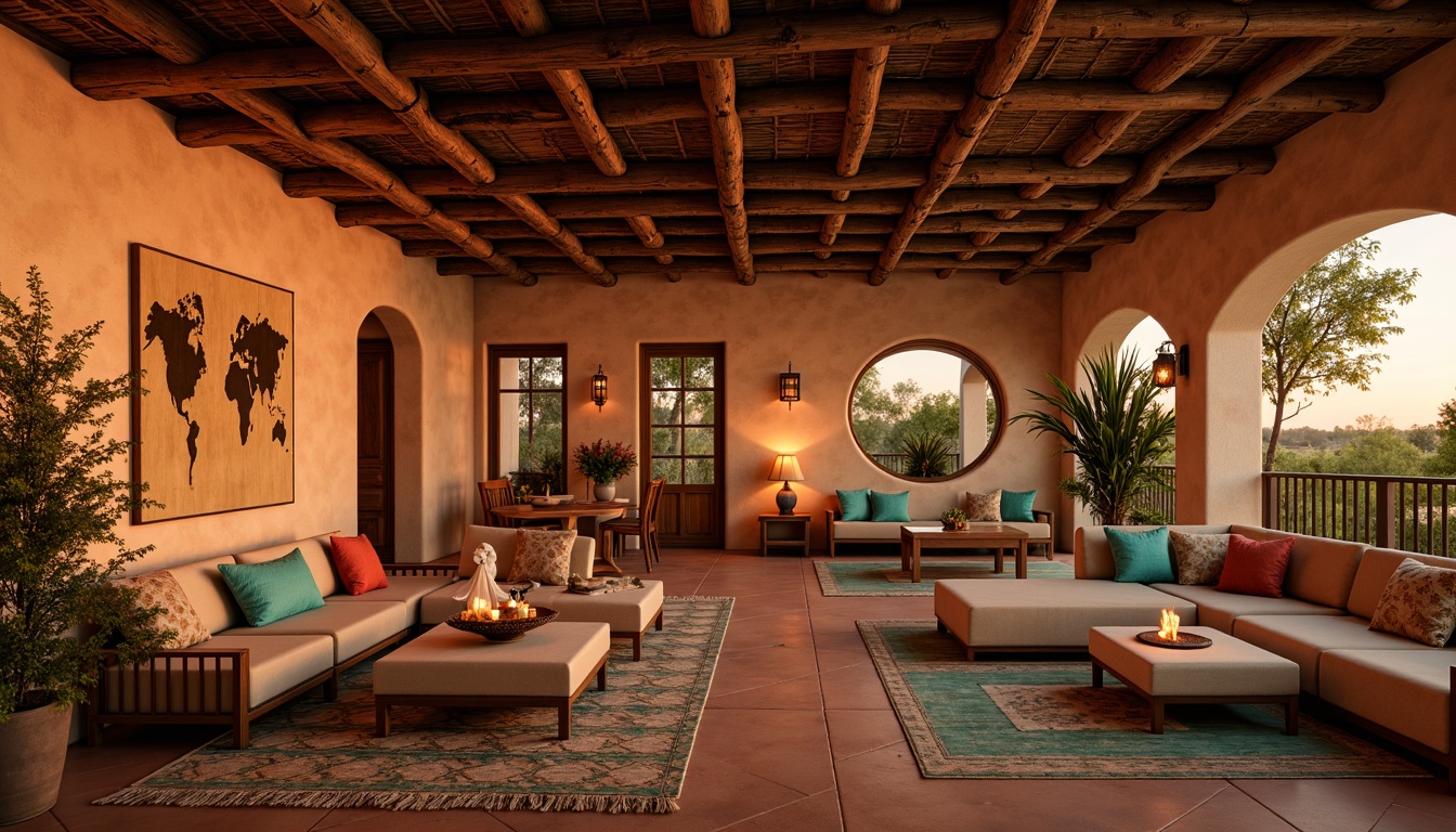 Prompt: Warm ambient lighting, soft warm glow, rustic wooden beams, earthy tones, adobe-inspired walls, terracotta floors, woven textiles, vibrant turquoise accents, geometric patterns, natural fiber rugs, plush furnishings, cozy nooks, intimate seating areas, candlelit tables, pendant lanterns, wrought iron chandeliers, warm color palette, desert sunset hues, 1/1 composition, shallow depth of field, softbox lighting, subtle shadows.