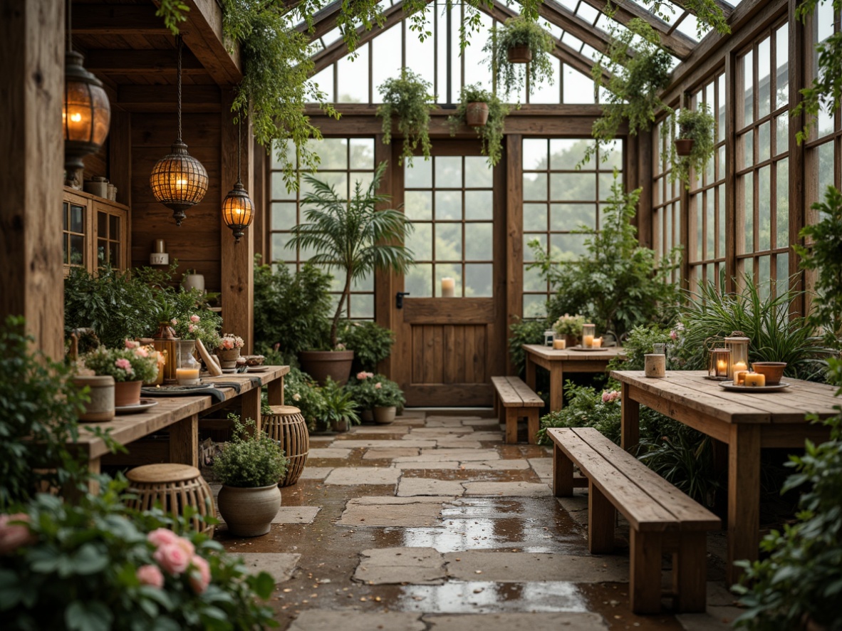 Prompt: Warm shabby-chic greenhouse, lush greenery, distressed wooden accents, vintage metal lanterns, soft warm lighting, candlelit ambiance, natural stone pathways, rustic wooden benches, wicker furniture, floral patterns, pastel color palette, delicate glassware, intricate ironwork, whimsical decorative elements, romantic ambiance, morning dew, misty atmosphere, shallow depth of field, 1/2 composition, warm color tone, soft focus, realistic textures.