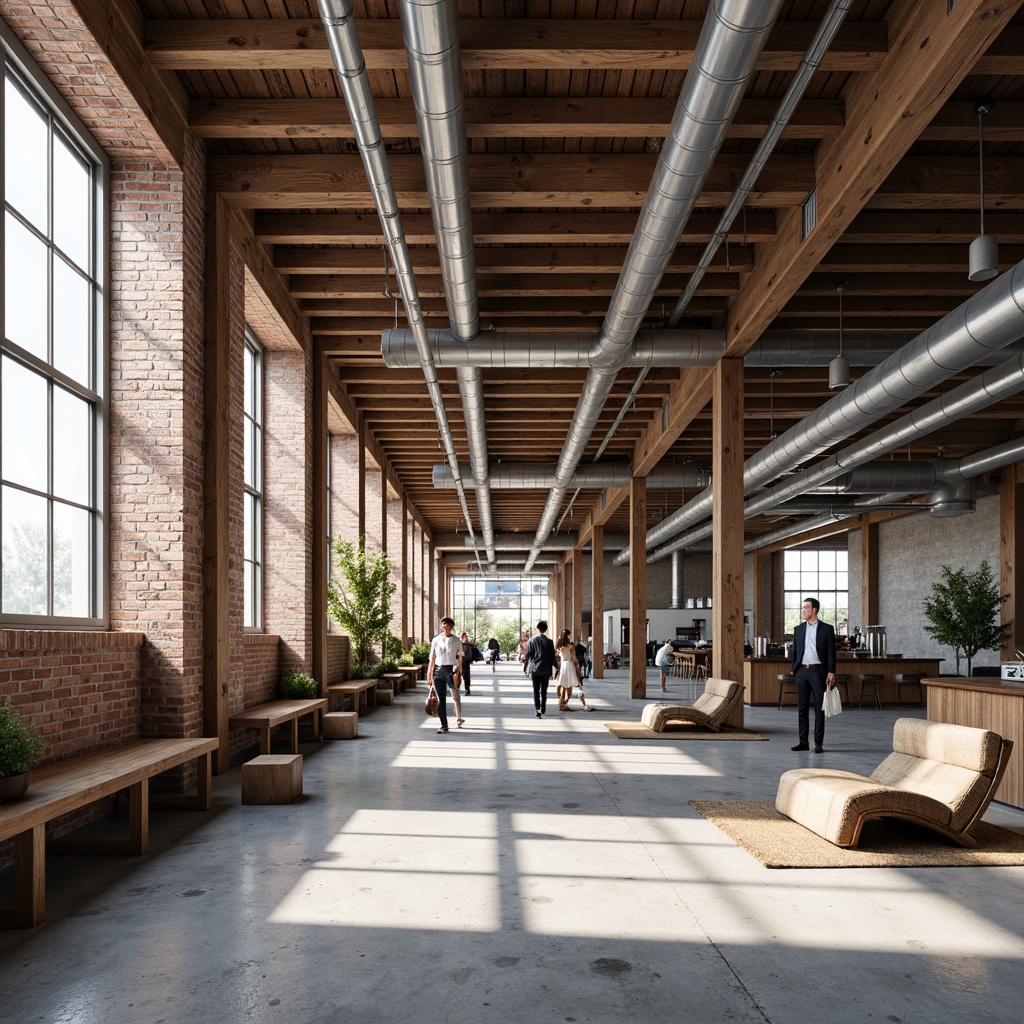 Prompt: Exposed brick walls, industrial pipes, metal beams, reclaimed wood accents, urban loft atmosphere, modern minimalist decor, sleek steel furniture, polished concrete floors, neutral color palette, natural light pouring in through large windows, airy open space, 3/4 composition, shallow depth of field, realistic textures, ambient occlusion.