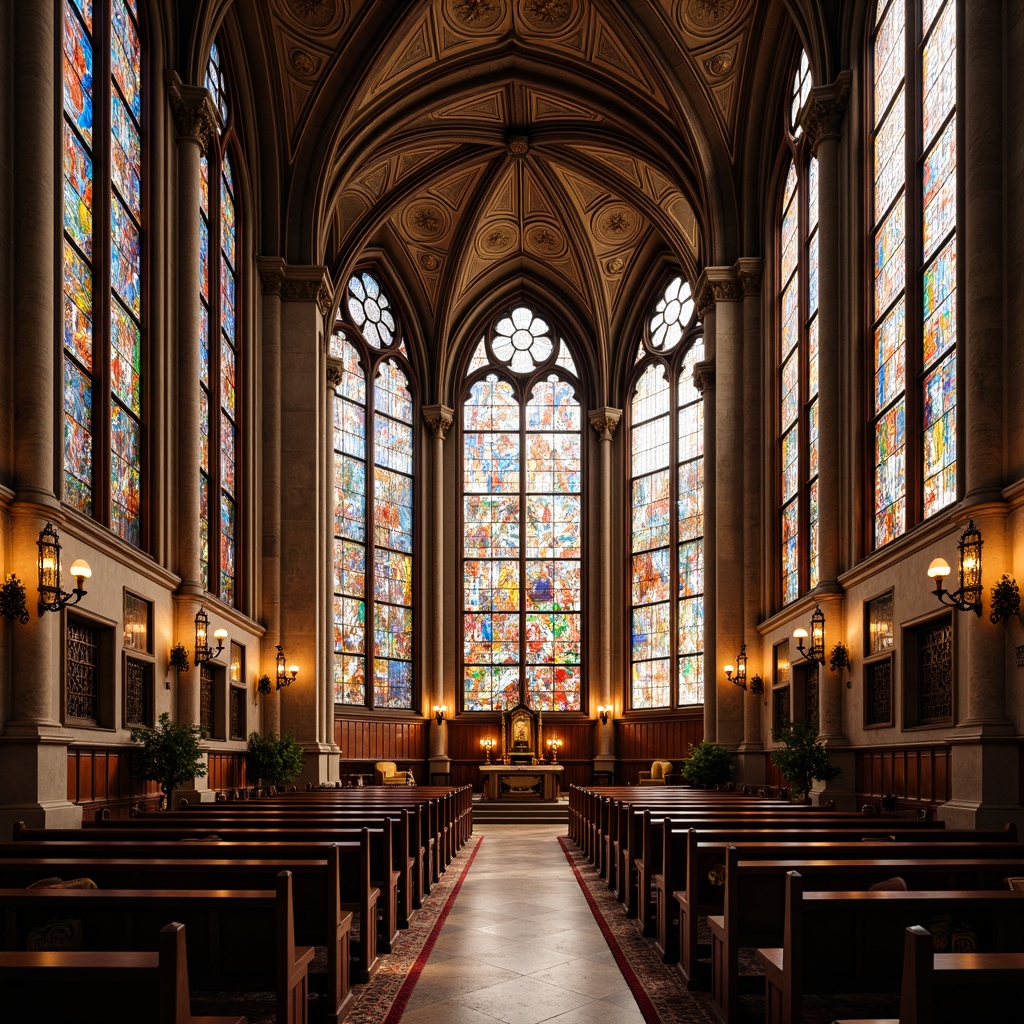 Prompt: Vibrant stained glass windows, intricate medieval patterns, kaleidoscope colors, ornate stone walls, grandiose high ceilings, majestic chandeliers, elegant wooden pews, spiritual ambiance, filtered natural light, warm golden tones, dramatic shadows, symmetrical composition, central focal point, heavenly atmosphere, ornamental furnishings, luxurious fabrics, mystical aura, sacred architecture.