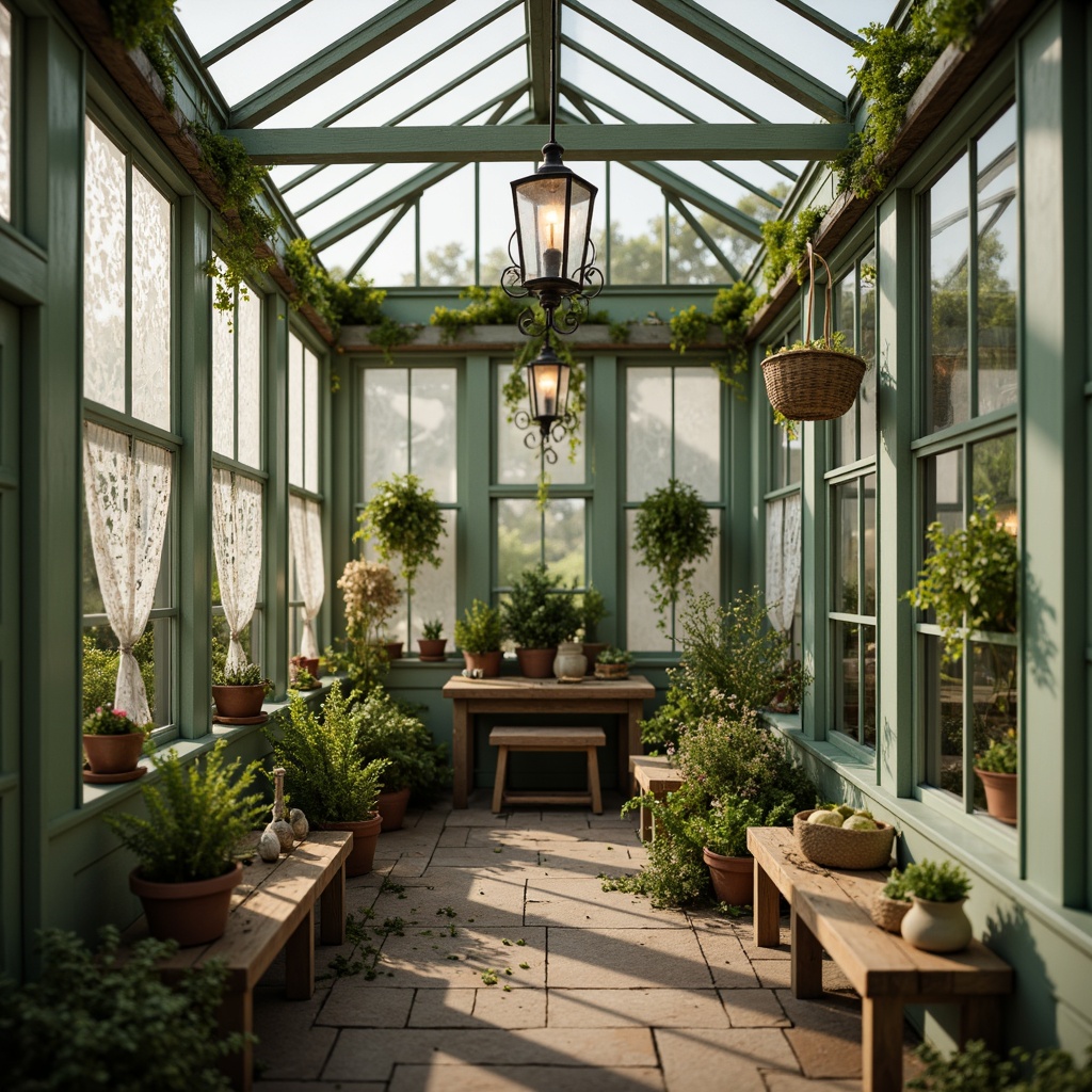 Prompt: Whimsical greenhouse, distressed wood frames, soft mint green walls, vintage metal accents, delicate flower patterns, lace curtains, rustic wooden benches, natural stone floors, lush ferns, hanging floral baskets, warm candlelight, romantic ambiance, shallow depth of field, 1/1 composition, dreamy soft focus, realistic textures, ambient occlusion.