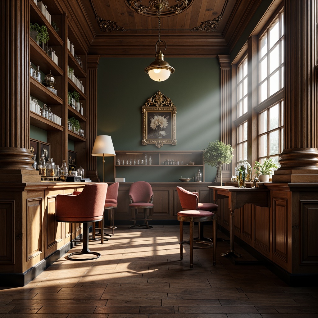 Prompt: Elegant laboratory furniture, neoclassical architectural details, rich wooden textures, ornate metal fixtures, vintage scientific instruments, distressed leather upholstery, antique glassware, classic column legs, soft warm lighting, atmospheric misting, shallow depth of field, 1/1 composition, realistic reflections, ambient occlusion.