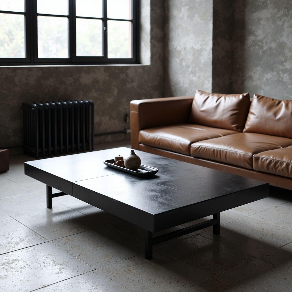 Prompt: Geometric coffee table, tubular steel legs, leather upholstery, minimalist decor, functional simplicity, industrial materials, monochromatic color scheme, bold typography, rectangular shapes, clean lines, minimal ornamentation, avant-garde atmosphere, urban loft setting, concrete floors, large windows, natural light, 3/4 composition, low-angle shot, dramatic shadows, high-contrast lighting.