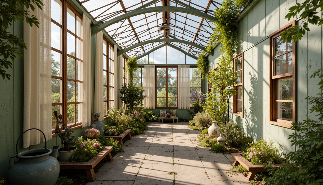 Prompt: Whimsical greenhouse, distressed wood accents, soft moss green walls, vintage metal frames, delicate floral patterns, pastel pink and blue hues, creamy whites, warm golden lighting, lush greenery, natural stone pathways, rustic wooden benches, antique gardening tools, delicate lace curtains, romantic ambiance, shallow depth of field, 1/1 composition, warm sunny day, soft focus, realistic textures.