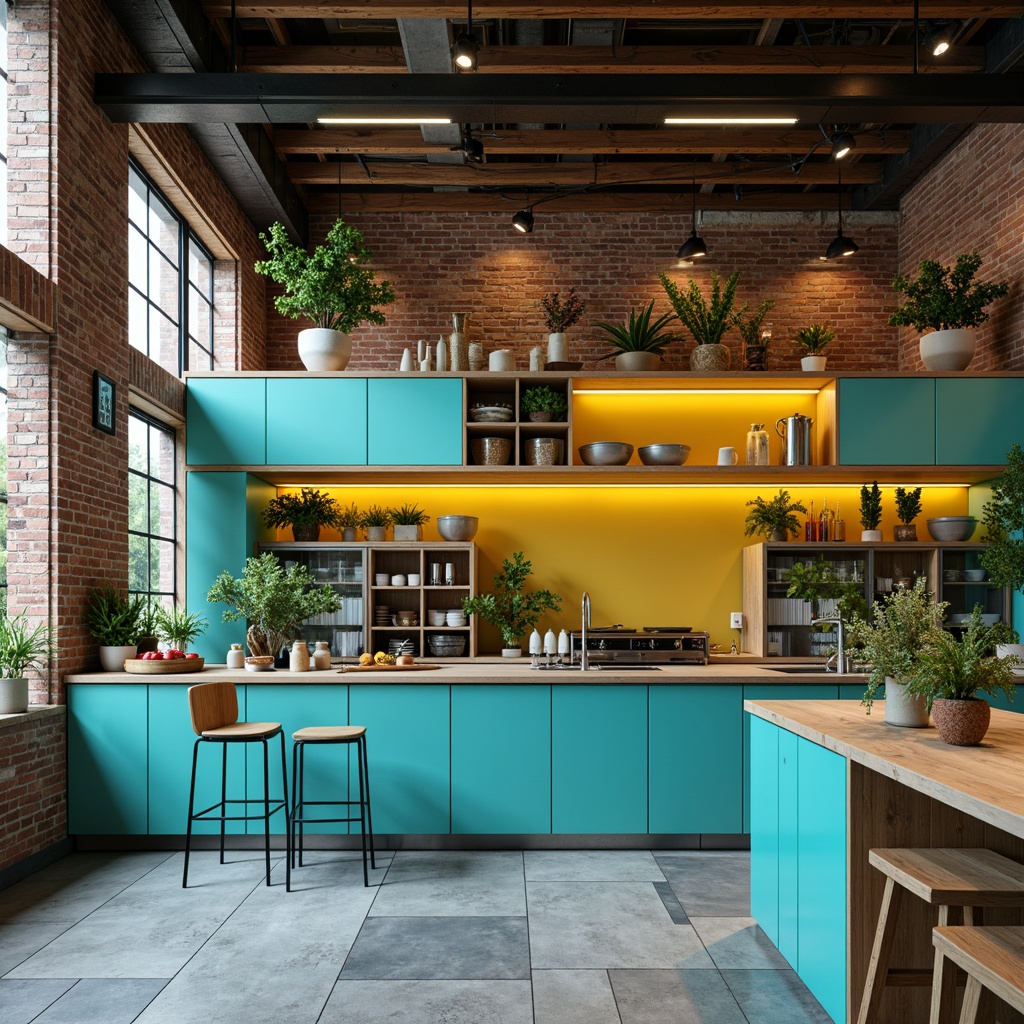 Prompt: Vibrant turquoise accents, modern industrial chic, exposed brick walls, polished concrete floors, sleek metal appliances, minimalist design, bold yellow highlights, natural wood shelving, woven baskets, soft warm lighting, shallow depth of field, 3/4 composition, realistic textures, ambient occlusion.