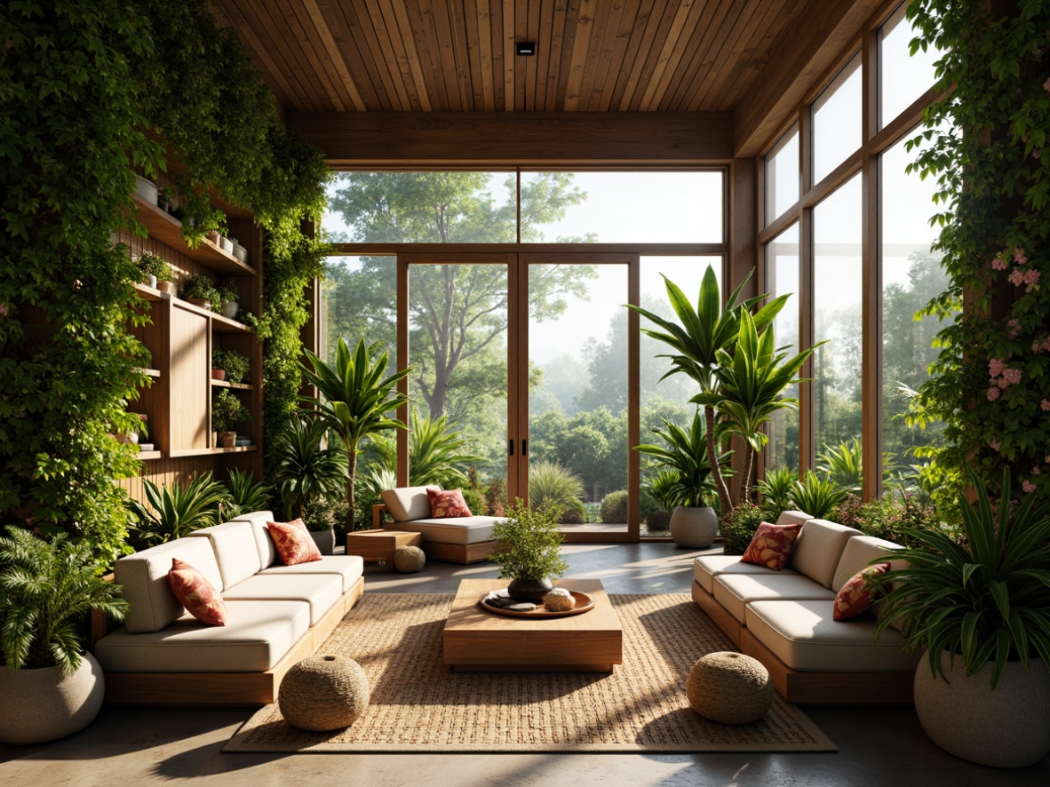 Prompt: Lush tropical interior, exotic palm trees, vibrant green leaves, natural rattan furniture, woven wicker textures, colorful floral patterns, bright warm lighting, misty atmosphere, large windows, sliding glass doors, verdant vertical gardens, hanging botanicals, rustic wooden accents, earthy tone ceramics, soft linen upholstery, plush area rugs, refreshing water features, soothing sounds of nature, 1/2 composition, shallow depth of field, realistic plant textures, ambient occlusion.