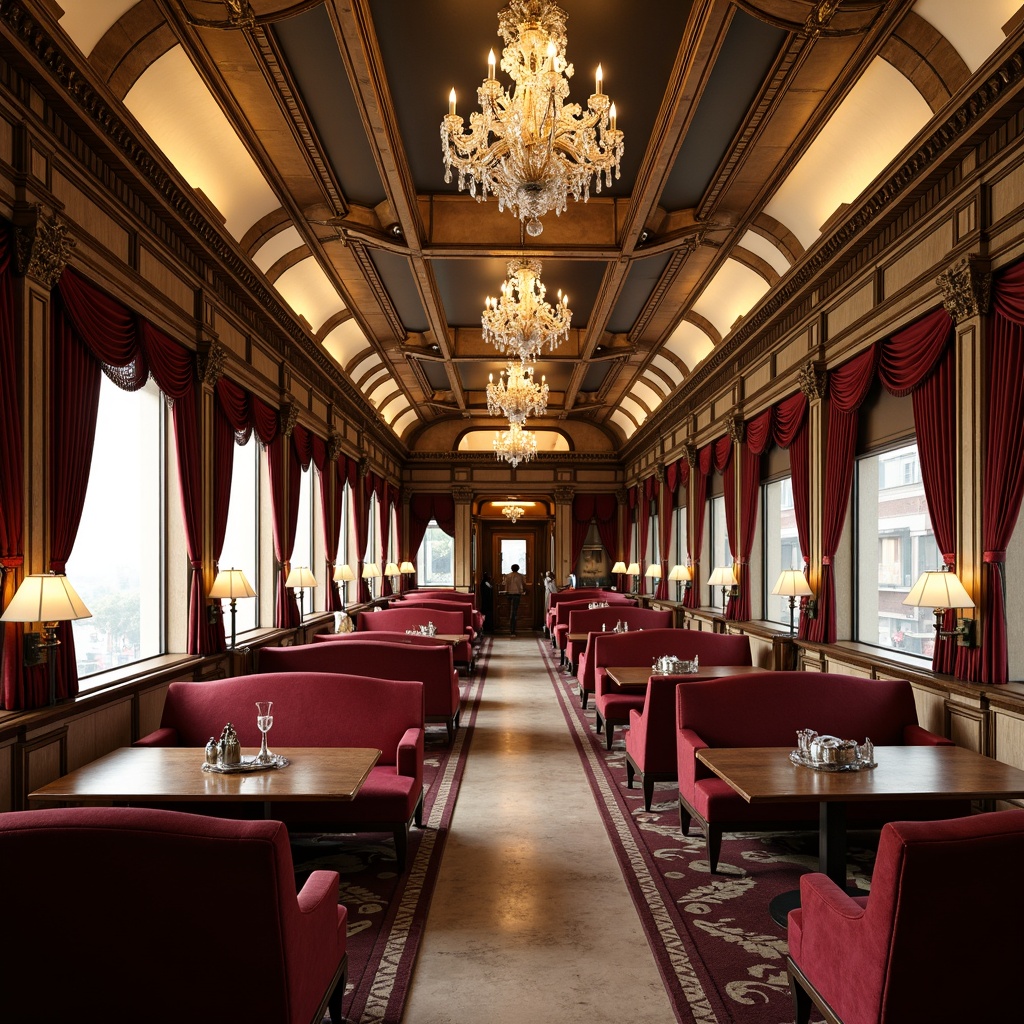 Prompt: Ornate train station, grandiose architecture, Baroque-inspired details, intricate carvings, gilded accents, velvet upholstery, luxurious fabrics, curved lines, ornamental mirrors, crystal chandeliers, marble floors, golden lighting fixtures, soft warm ambiance, 1/1 composition, symmetrical framing, realistic textures, ambient occlusion.