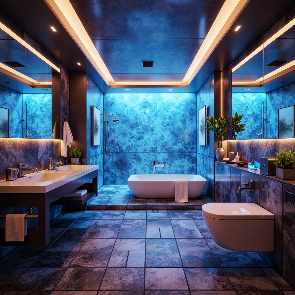 Prompt: Futuristic bathroom interior, sleek metal fixtures, glass countertops, ambient LED lighting, minimalist design, high-gloss floors, reflective surfaces, metallic accents, iridescent tiles, holographic patterns, 3D-printed sink basins, futuristic faucets, digital shower controls, rain showerheads, heated flooring systems, chromatic color schemes, neon-lit mirrors, infinity bathtubs, zero-gravity toilets, virtual reality integration, cyberpunk-inspired decor, holographic displays, softbox lighting, shallow depth of field, 1/1 composition, panoramic view.