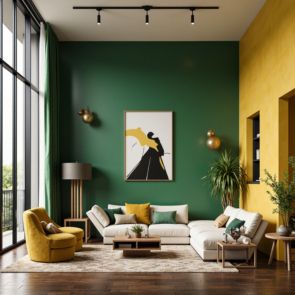 Prompt: Vibrant living room, bold statement walls, rich emerald green, warm golden yellow, soft creamy whites, luxurious velvety textures, metallic accents, modern minimalist furniture, sleek low-profile sofas, geometric patterned rugs, natural wood flooring, dramatic floor-to-ceiling windows, abundant natural light, cozy reading nooks, warm ambient lighting, 1/1 composition, realistic renderings, depth of field focus.