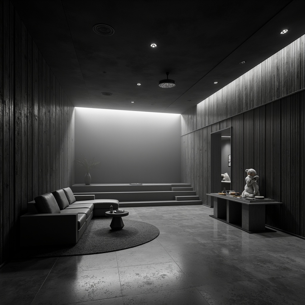 Prompt: Monochromatic cinema interior, minimalist decor, sleek lines, polished concrete floors, industrial metal walls, reclaimed wood accents, low-poly furniture, soft ambient lighting, subtle shadows, atmospheric mist, cinematic camera angles, shallow depth of field, 2.35