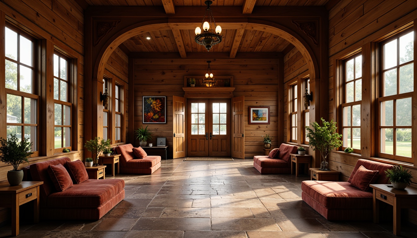 Prompt: Rustic wooden hall, traditional craftsman style, ornate carvings, rich wood tones, plush velvet upholstery, antique bronze hardware, vintage-inspired lighting fixtures, natural stone flooring, earthy color palette, warm cozy atmosphere, soft warm lighting, shallow depth of field, 1/1 composition, realistic textures, ambient occlusion.