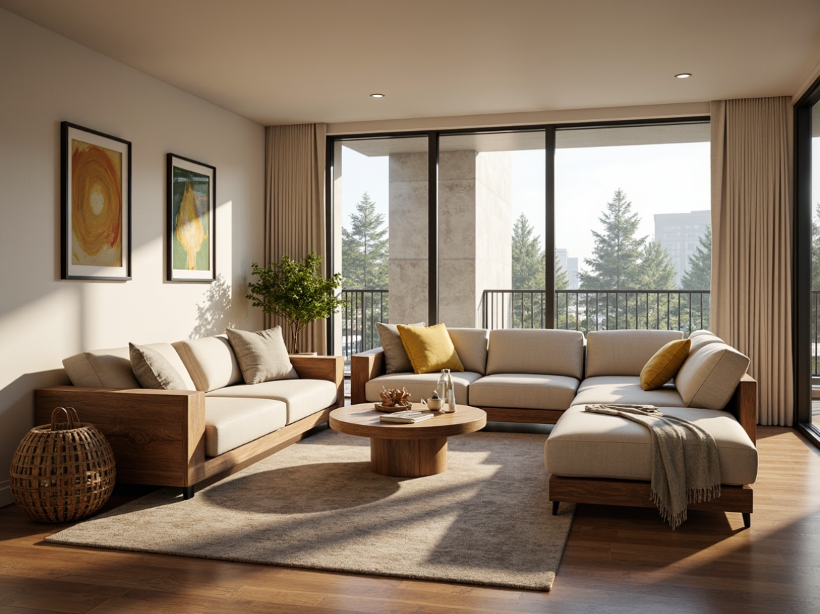 Prompt: Cozy living room, comfortable sofas, warm wooden flooring, soft cushions, natural light pouring, floor-to-ceiling windows, minimal decorative walls, subtle color palette, calming atmosphere, functional furniture layout, efficient storage solutions, clever use of corners, multi-functional spaces, open-plan kitchen, dining area, relaxed seating zone, ambient lighting, 1/1 composition, shallow depth of field, warm neutral tones, inviting textures.