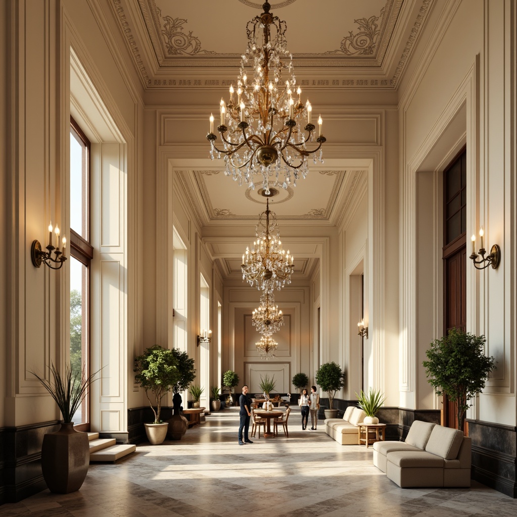 Prompt: Elegant chandeliers, ornate sconces, crystal droplets, bronze fixtures, cream-colored walls, high ceilings, marble floors, intricate moldings, gilded details, symmetrical compositions, soft warm glow, ambient lighting, dramatic shadows, subtle color temperatures, 1/2 composition, realistic textures, ambient occlusion, luxurious fabrics, rich wood tones, classic furniture pieces.