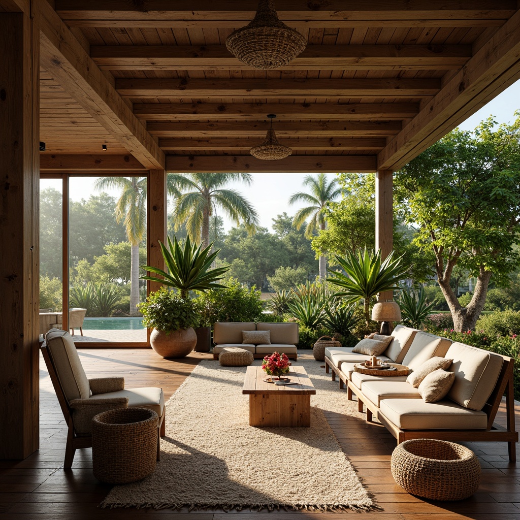 Prompt: Rustic farmhouse, tropical vegetation, exotic flowers, wooden accents, vintage decor, natural textiles, earthy tones, open layout, spacious living area, high ceilings, large windows, sliding glass doors, outdoor patio, lush greenery, palm trees, warm sunny day, soft diffused lighting, shallow depth of field, 1/1 composition, realistic wood textures, ambient occlusion.