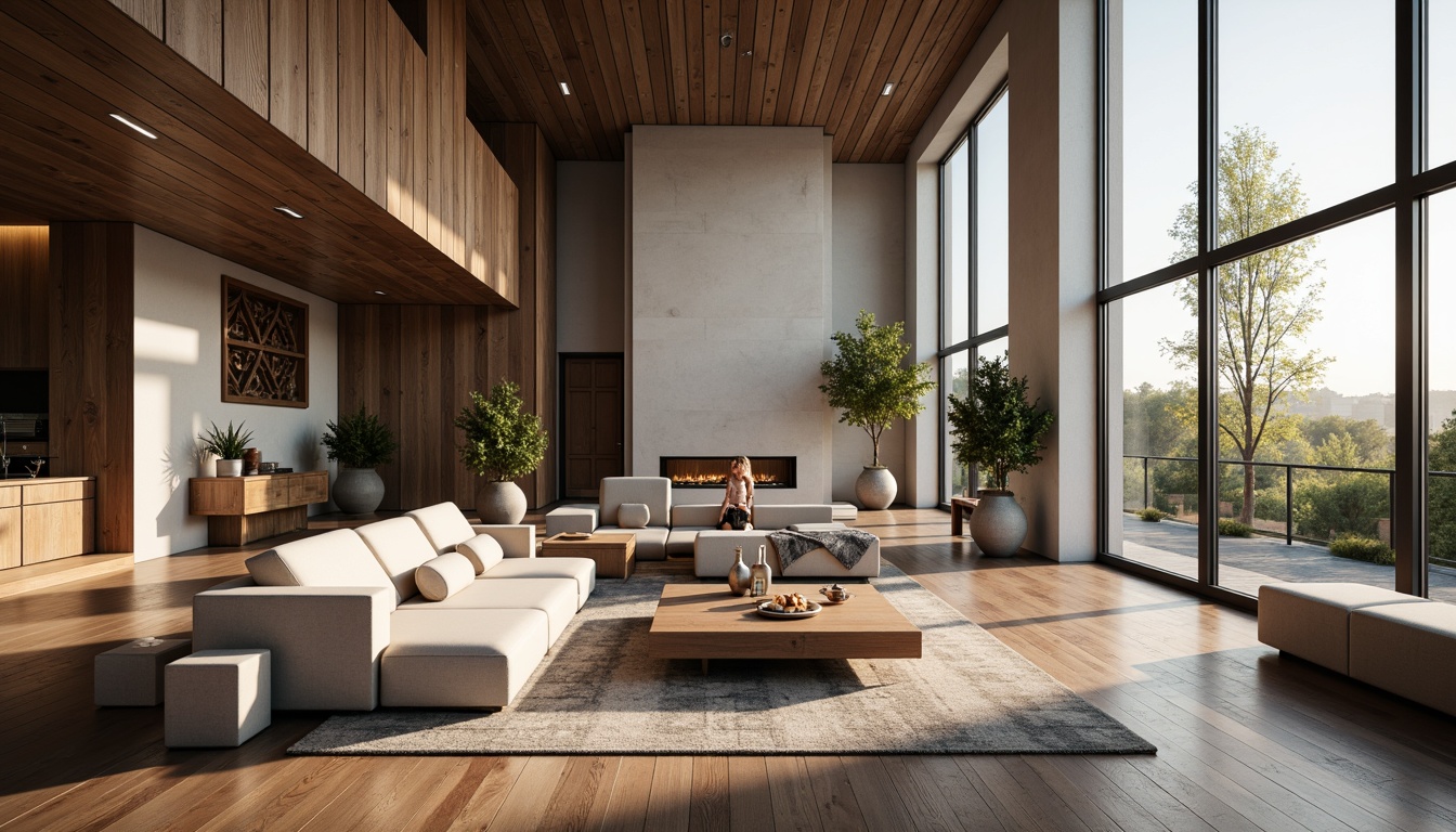 Prompt: Modern living room, sleek furniture, comfortable seating, minimalist decor, natural wood accents, earthy color palette, large windows, soft diffused lighting, open-plan layout, functional zones, optimized traffic flow, spacious walkways, clever storage solutions, decorative screens, geometric patterns, 3/4 composition, shallow depth of field, warm atmospheric lighting.