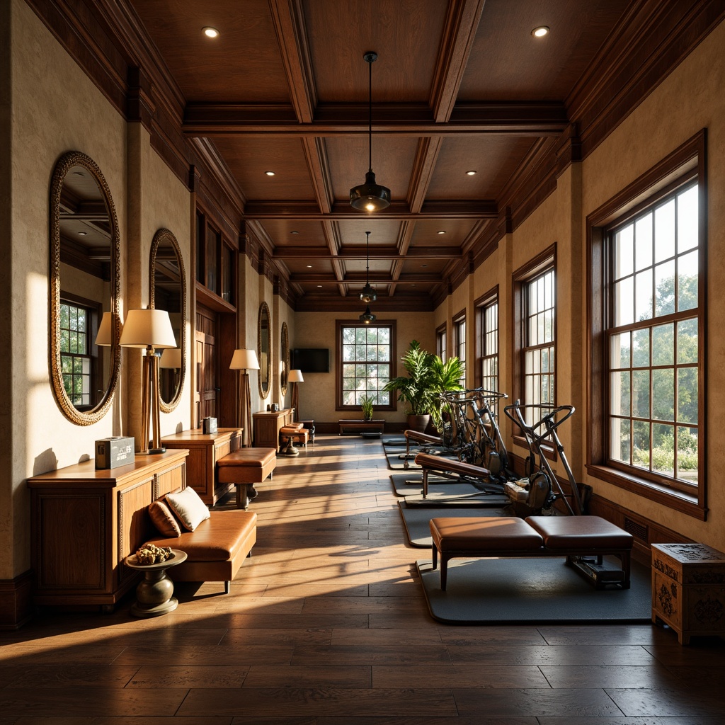 Prompt: Warm home gym, traditional wooden accents, rich leather upholstery, ornate mirrors, rustic metal equipment, vintage-inspired fitness machines, soft warm lighting, table lamps, floor lamps, coffered ceiling, decorative molding, earthy color palette, warm beige walls, dark hardwood floors, comfortable seating area, large windows, natural daylight, subtle shadows, shallow depth of field, 1/2 composition, realistic textures.