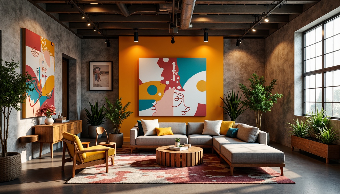 Prompt: Vibrant artistic studio, eclectic furniture pieces, rich wood accents, bold color blocks, abstract artwork, modern lighting fixtures, industrial metal beams, polished concrete floors, natural textiles, earthy tone walls, warm atmospheric lighting, cinematic composition, shallow depth of field, 2/3 rule, harmonious color harmony.