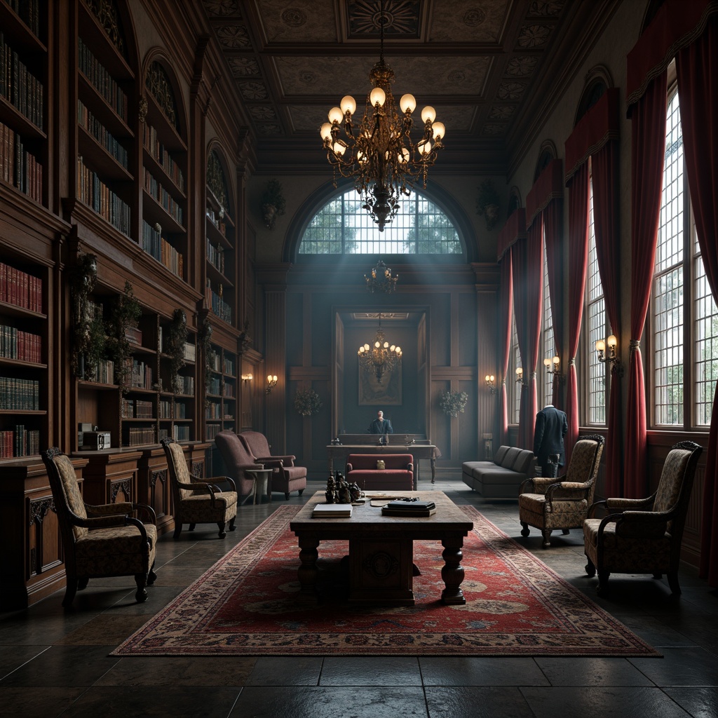 Prompt: Dark academia atmosphere, mysterious Gothic-inspired furniture, ornate wooden chairs, heavy stone tables, grandiose chandeliers, stained glass windows, dimly lit corridors, eerie silence, rich velvet drapes, ancient tomes, worn leather-bound books, mystical symbols, intricate carvings, dramatic archways, high ceilings, medieval-style benches, mysterious lanterns, foggy morning light, warm candlelight, 1/1 composition, realistic textures, ambient occlusion.