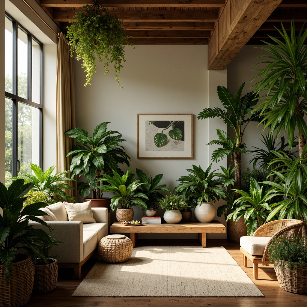 Prompt: Vibrant living room, lush greenery, potted plants, natural wood furniture, woven baskets, earthy tones, cozy ambiance, soft warm lighting, 1/1 composition, intimate space, realistic textures, ambient occlusion, tropical leaf patterns, ceramic planters, decorative vases, serene atmosphere, calming colors, refreshing air quality, peaceful retreat.