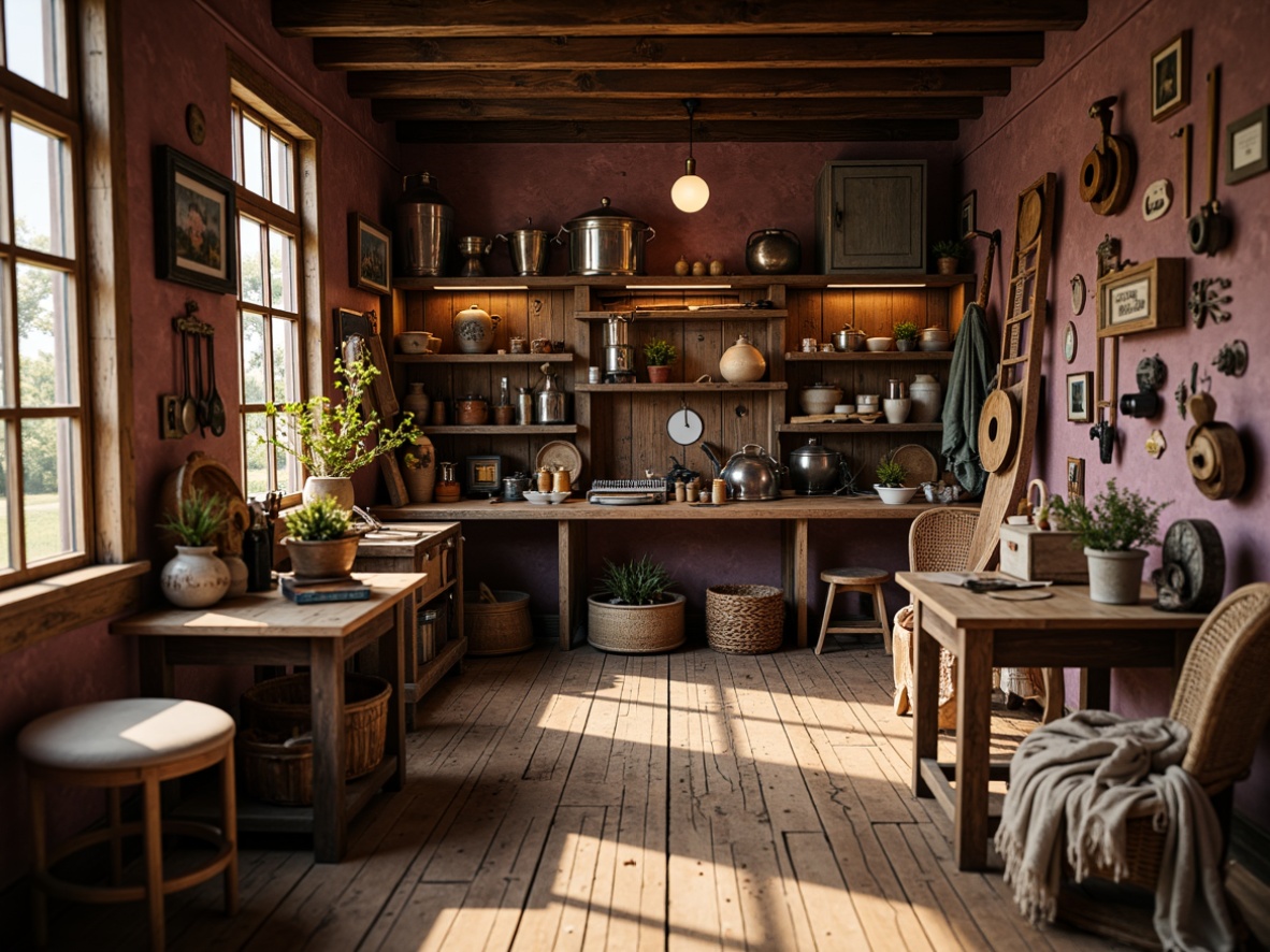 Prompt: Rustic wooden workshop, vintage tools, distressed textures, mauve accent walls, earthy brown floors, rich woodgrain, warm golden lighting, soft focus, shallow depth of field, 1/2 composition, rustic metal accents, woven wicker furniture, natural fabrics, artisanal craftsmanship, nostalgic atmosphere, subtle shadows, cozy nooks, warm inviting colors.