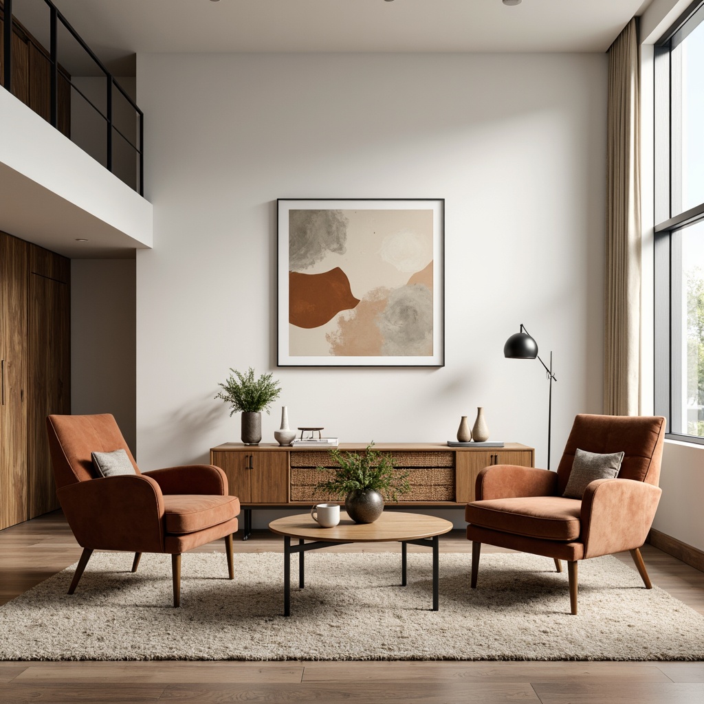 Prompt: Mid-century modern armchairs, velvet sofas, wooden coffee tables, minimalist metal lamps, natural fiber rugs, woven baskets, abstract artwork, neutral color palette, creamy whites, warm beiges, rich woods, luxurious fabrics, subtle patterns, elegant curves, sleek lines, open floor plans, spacious rooms, large windows, soft diffused lighting, 1/2 composition, shallow depth of field, realistic textures.