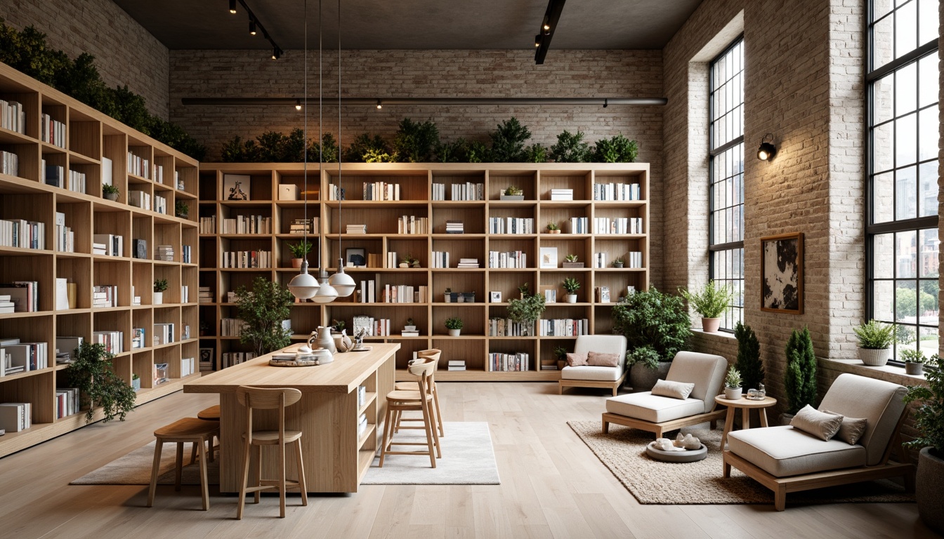 Prompt: Minimalist Scandinavian bookstore, wooden shelving units, natural oak wood tones, industrial metal ladders, cozy reading nooks, plush area rugs, comfortable armchairs, floor-to-ceiling bookshelves, neutral color palette, soft warm lighting, clerestory windows, rustic brick walls, modern Nordic-inspired decor, greenery accents, ambient occlusion, 1/1 composition, realistic textures.