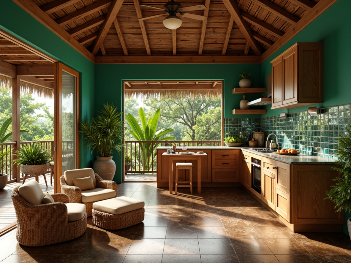 Prompt: Exotic tropical kitchen, rich wood cabinetry, vibrant green walls, polished granite countertops, iridescent glass tile backsplashes, natural stone flooring, woven rattan furniture, lush potted plants, warm ambient lighting, soft ocean breeze, 3/4 composition, shallow depth of field, realistic textures, ambient occlusion.