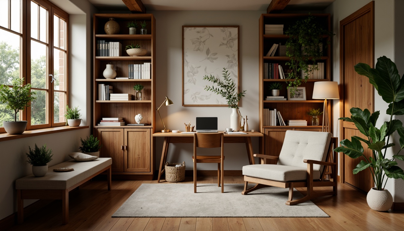 Prompt: Cozy study nook, wooden desk, comfortable office chair, floor lamp, bookshelves, organized storage, rustic wood accents, earthy color palette, natural textiles, potted plants, calm atmosphere, soft warm lighting, shallow depth of field, 1/1 composition, realistic textures, ambient occlusion.