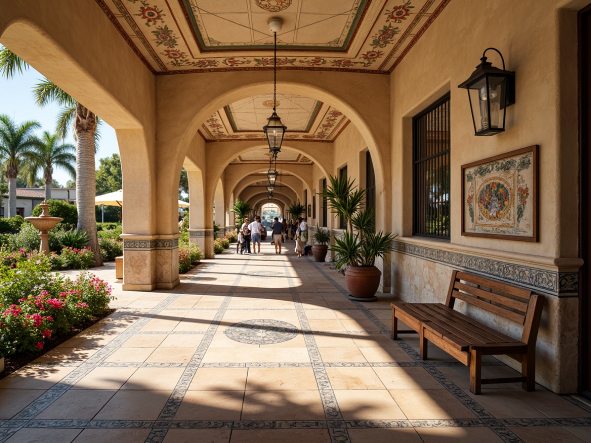 Prompt: Vibrant bus station, curved arches, ornate tile work, stucco exteriors, warm beige stone, rustic wooden benches, vintage metal lanterns, lush greenery, blooming flowers, palm trees, sunny day, soft warm lighting, shallow depth of field, 3/4 composition, panoramic view, realistic textures, ambient occlusion, intricate ironwork, decorative ceramics, colorful mosaic patterns, natural stone floors, Mediterranean-inspired architecture, ornate fountains, tranquil water features.