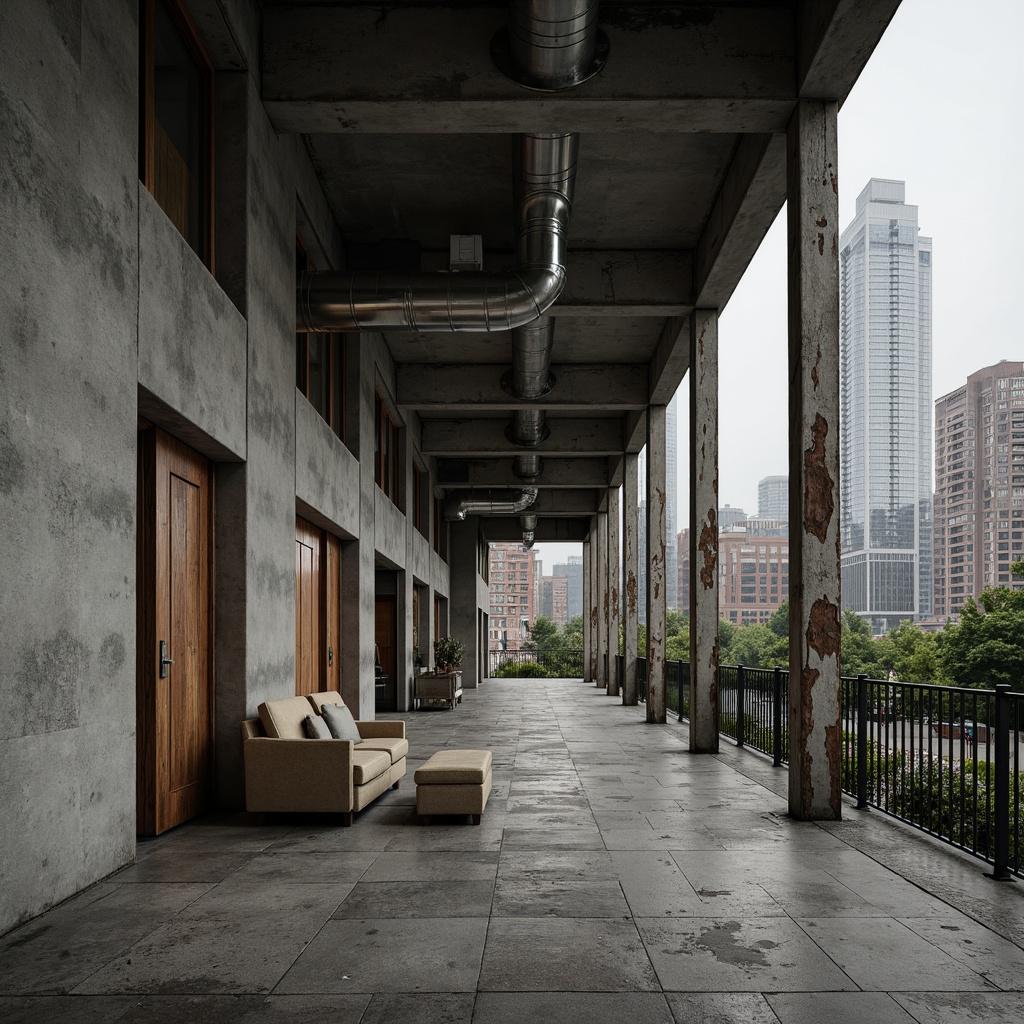 Prompt: Rough concrete walls, exposed ductwork, industrial metal beams, distressed wooden accents, brutalist architectural style, institutional atmosphere, rugged stone floors, cold harsh lighting, minimalist decor, functional furniture, urban cityscape, overcast sky, dramatic shadows, high contrast ratio, 1/2 composition, cinematic mood, gritty realistic textures, ambient occlusion.