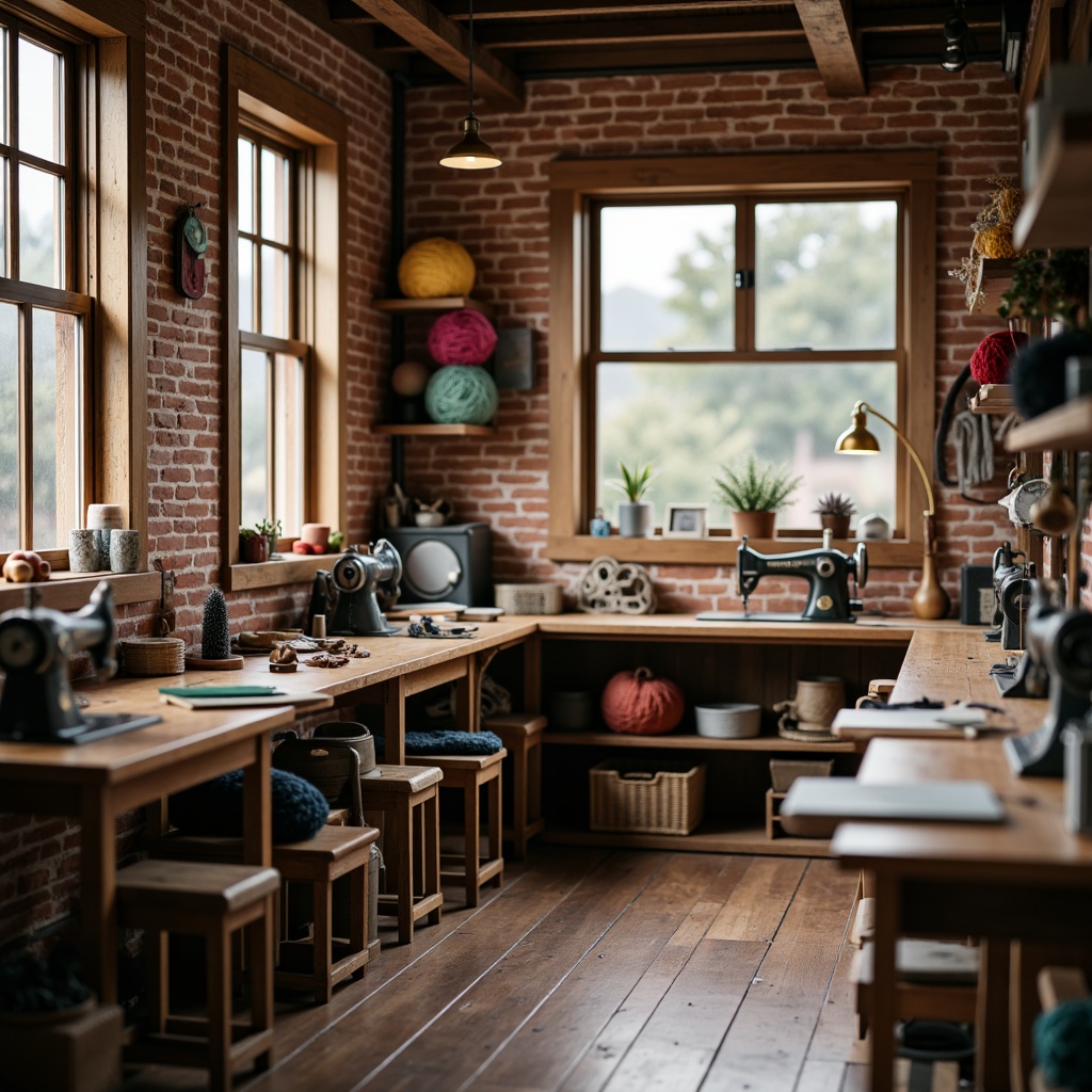 Prompt: Cozy craft room, wooden workbenches, rustic tools, vintage sewing machines, colorful yarns, natural fibers, earthy tones, soft warm lighting, task lamps, pendant lights, industrial chic decor, exposed brick walls, reclaimed wood accents, minimal ornamentation, functional simplicity, 1/1 composition, shallow depth of field, realistic textures.