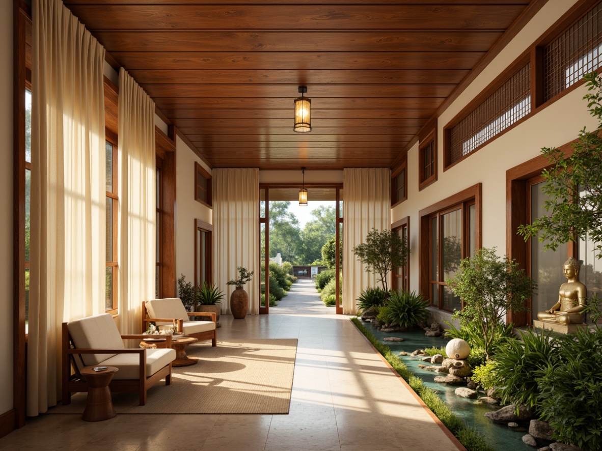 Prompt: Soothing Asian-style hospital interior, warm beige walls, rich wooden accents, calming greenery, natural bamboo furniture, soft cream-colored curtains, serene water features, peaceful Buddha statues, gentle lantern lighting, comfortable seating areas, traditional Japanese tatami mats, elegant Chinese-inspired latticework, vibrant red and gold accents, harmonious yin-yang balance, calming nature sounds, shallow depth of field, 1/2 composition, warm softbox lighting, realistic textures, ambient occlusion.